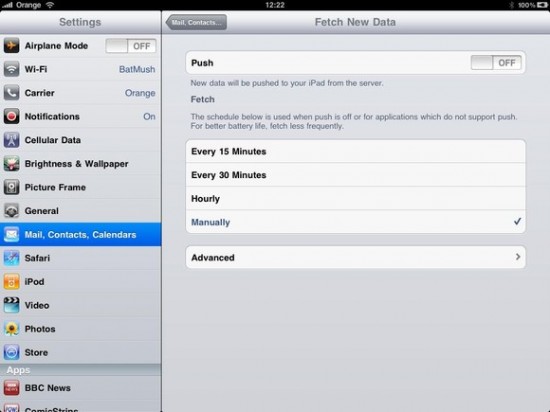 Turning off the iPad Push Mail