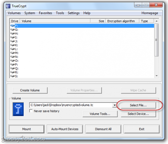 Launch TrueCrpyt and Click on Select File