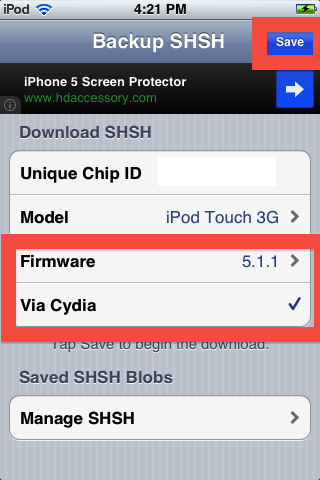 choose to either save your SHSH blobs at Cydia or download them to email iSHSHit
